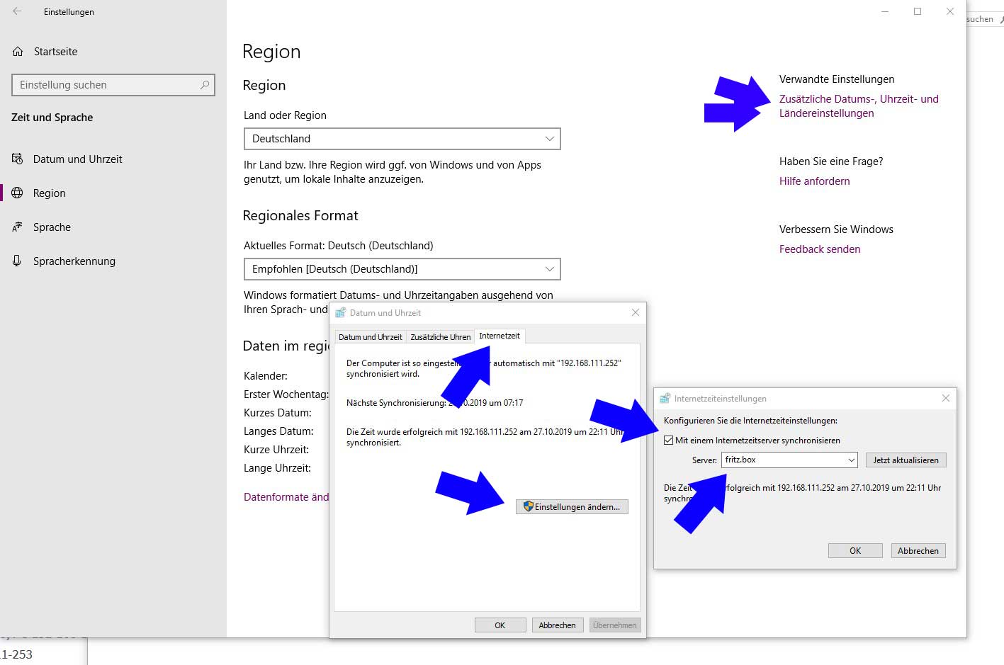 Windows 10 - FritzBox als Zeitserver - aktuelle Uhrzeit von der 