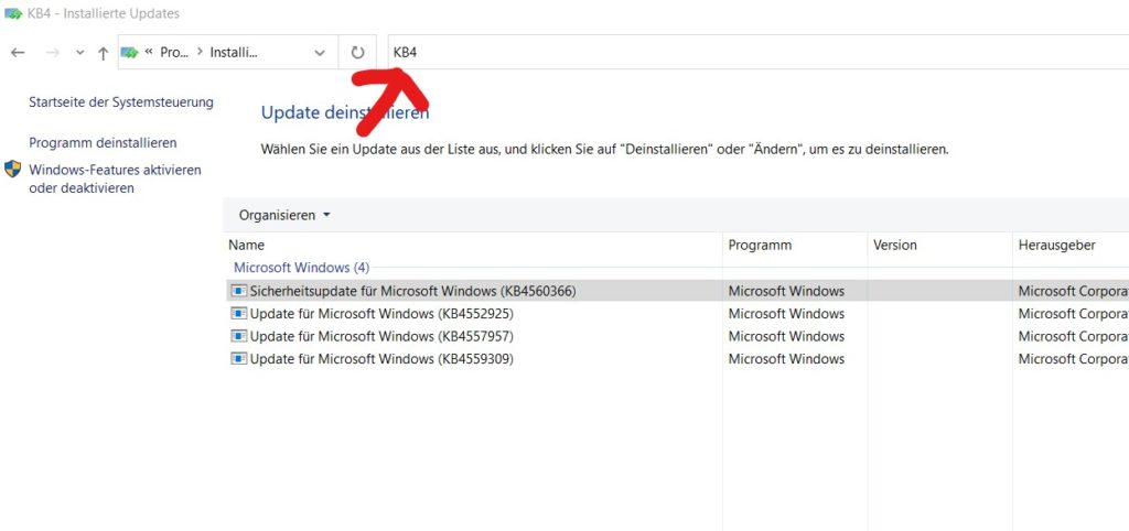 Windows Updates deinstallieren