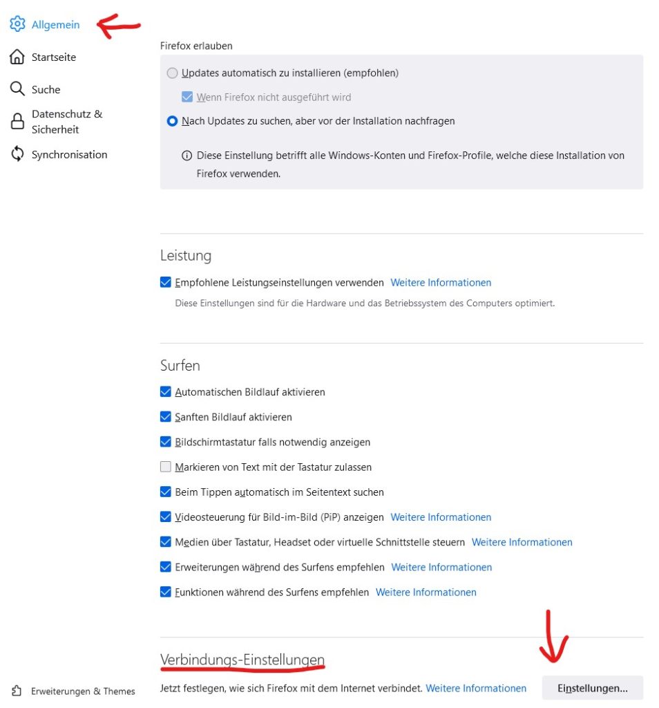 Verbindungs-Einstellung Firefox