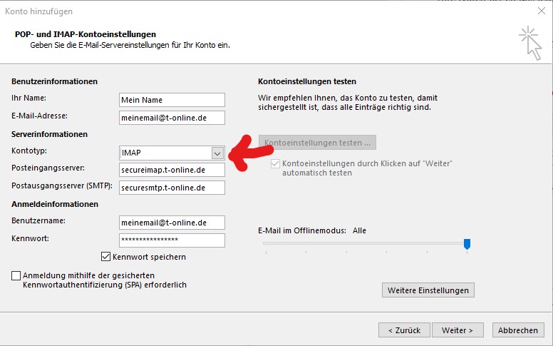 IMAP Konto t-online Beispiel für Outlook