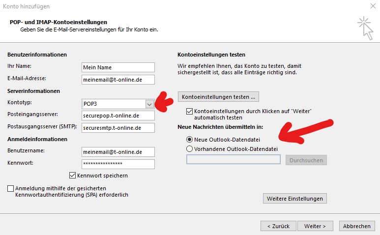 POP3 Konto bei t-online Beispiel für Outlook