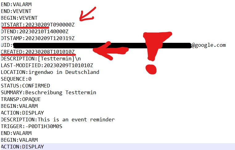 Wann wurde der google Kalendereintrag gemacht?