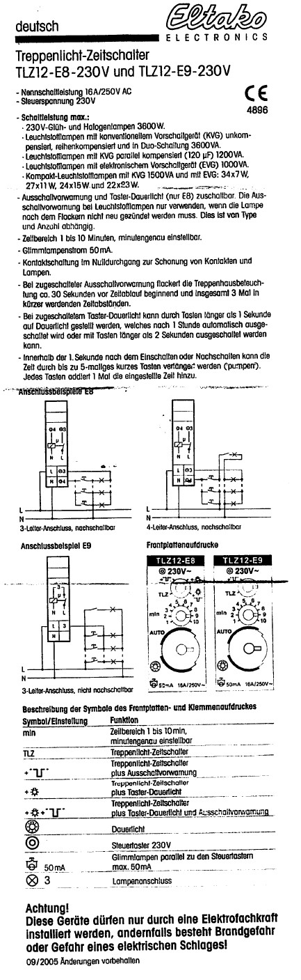 Etalko Treppenlicht-Zeitschalter Bedienungsanleitung TLZ12-E8 TLZ12-E9