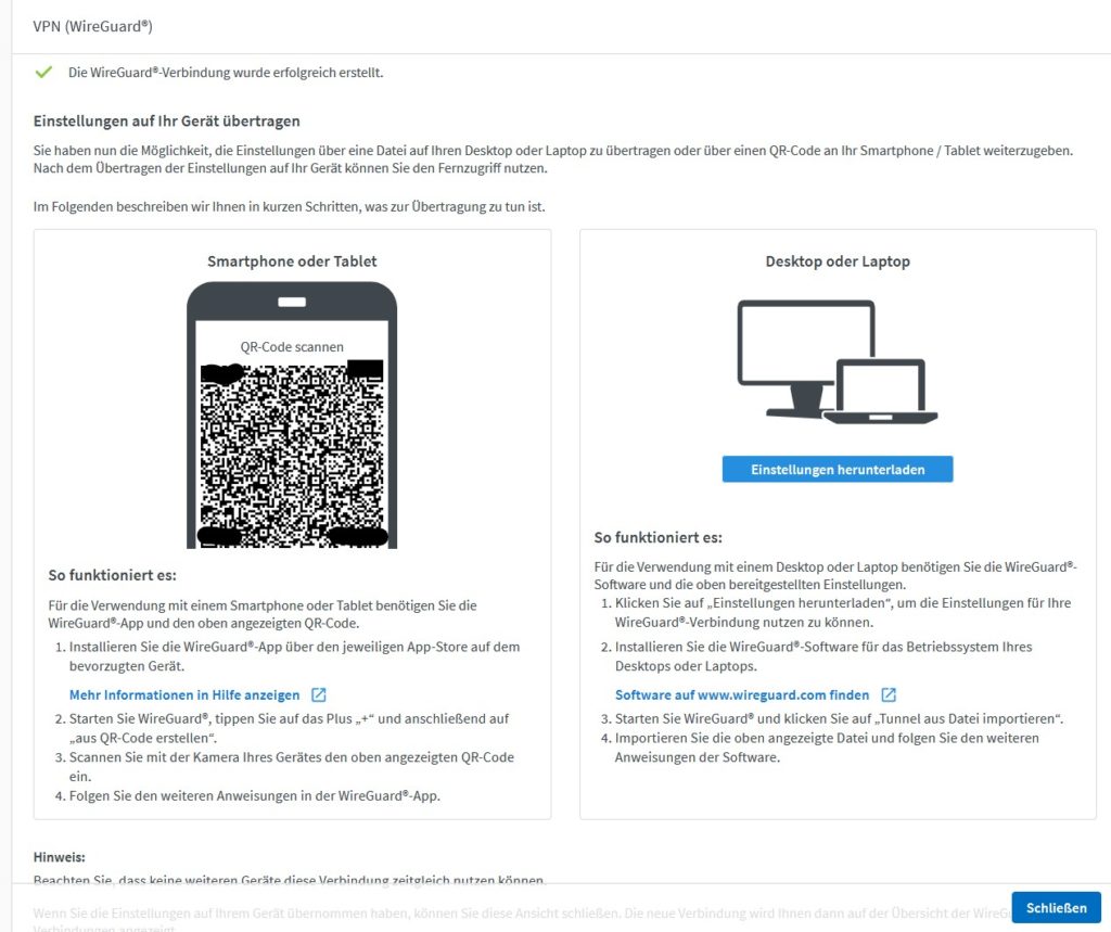 FritzBox Wiereguard QR Code scannen