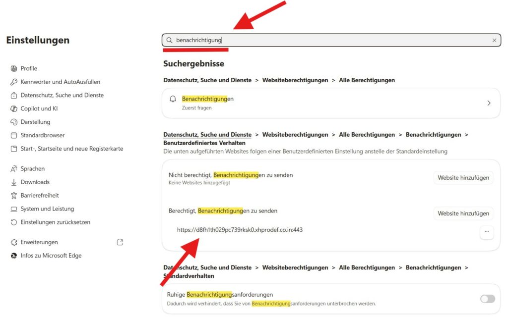 Edge Benachrichtigungen suchen und ändern