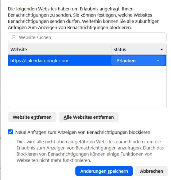 Firefox erlaubte Websites für Benachrichtigungen